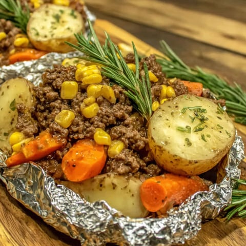 A hobo foil packet filled with meat and vegetables.