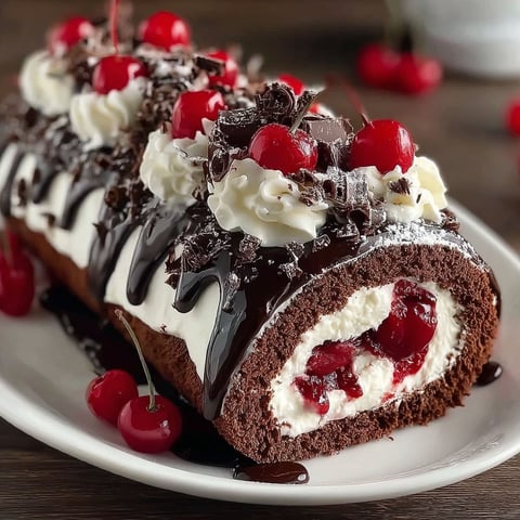 A delicious chocolate cake roll with white frosting and cherries.