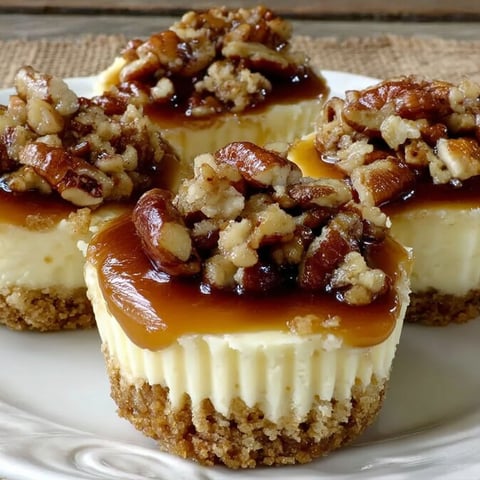 Three mini pecan cheesecakes on a plate.
