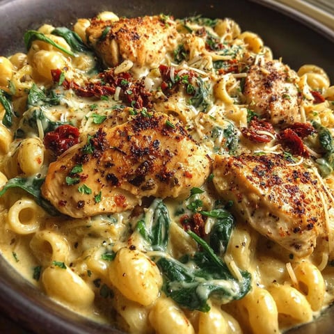 A bowl of Tuscan chicken pasta.