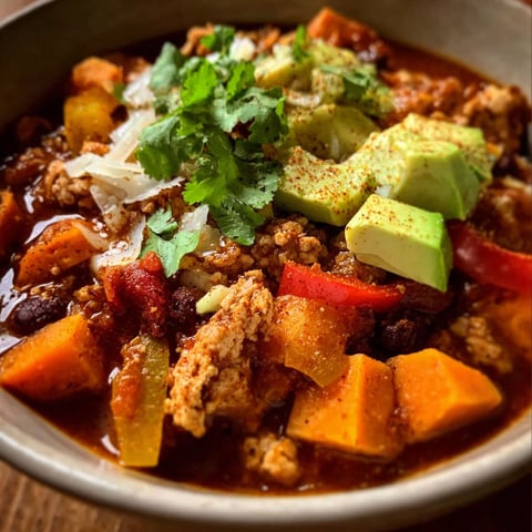 A bowl of chili with a variety of ingredients.