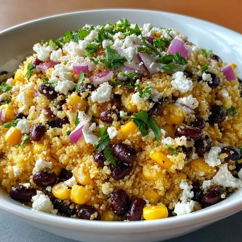 A bowl of couscous, black beans, corn, and feta.