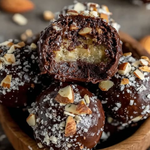 A bowl of chocolate truffles with almonds on top.