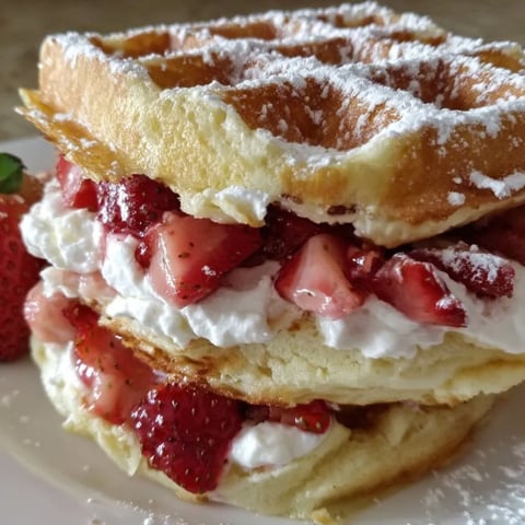 A stack of waffles with strawberries on top.