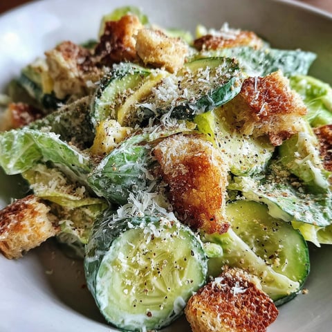 A bowl of cucumber Caesar salad.