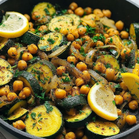 A skillet full of zucchini, chickpeas, and onions.