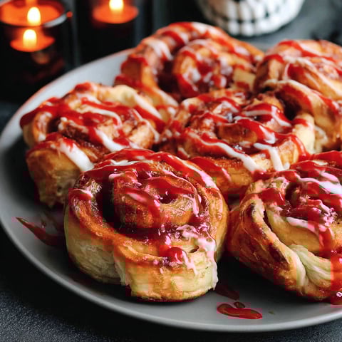 A plate of cinnamon rolls with red icing and drizzled with red sauce.