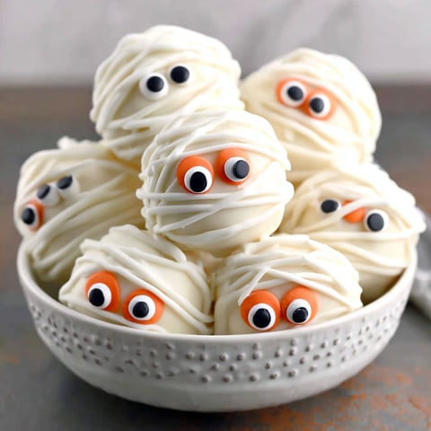 A bowl of cake balls with eyes.