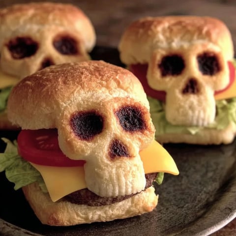 A close up of a cheeseburger with a skull on top.
