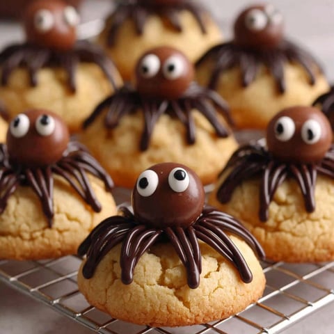 A tray of cookies with chocolate frosting and chocolate eyes.
