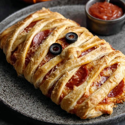 A pizza with olives and pepperoni is wrapped in a dough and looks like a mummy.