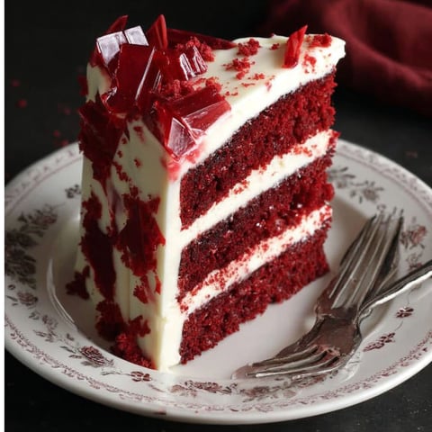 A slice of red velvet cake with white frosting.