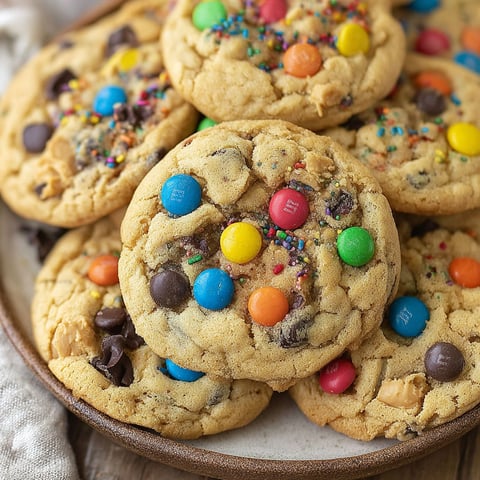 A plate of peanut butter M&M cookies.