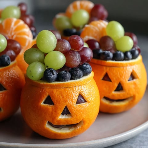 A plate of fruit cups with a pumpkin face on them.