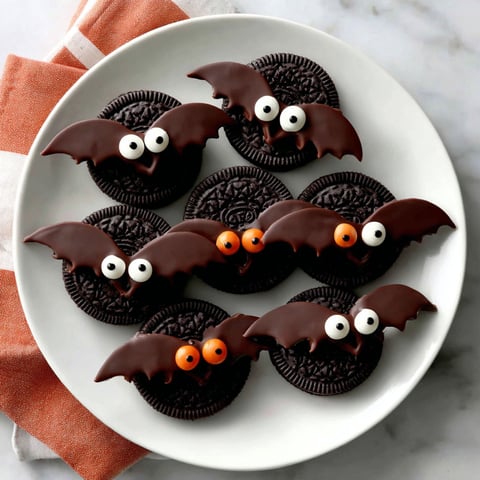 A plate of Oreo treats with candy eyes and chocolate wafers.
