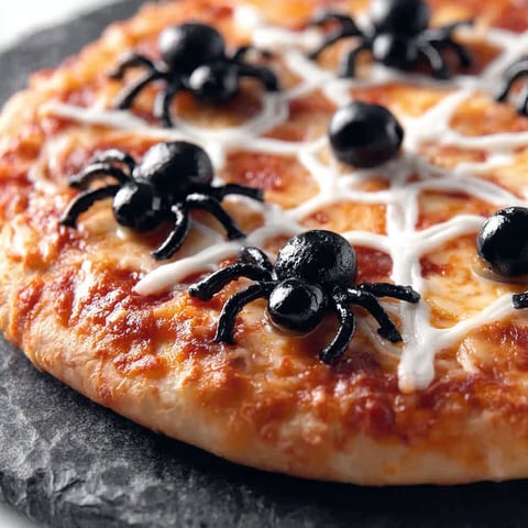 A pizza with spiders on it.