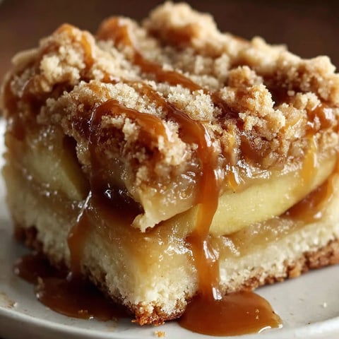 A slice of caramel apple crumble bars.