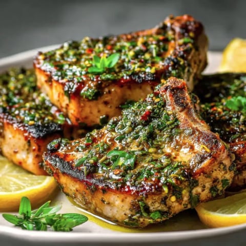 A plate of pork chops with herbs on top.