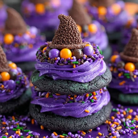 A stack of cookies with a witch hat on top.