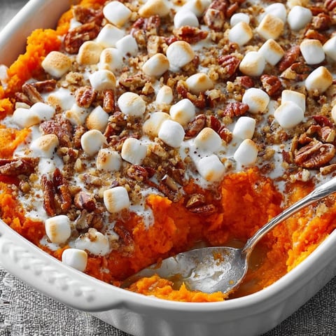 A white plate with a casserole of sweet potatoes and pecans.