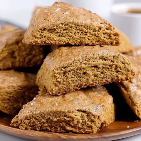 A stack of scones with a white cup of coffee.