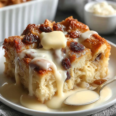 A slice of bread pudding with white icing.