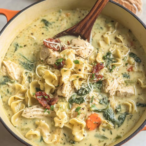 A bowl of white chicken lasagna soup.