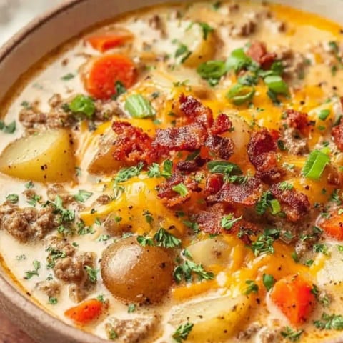 A bowl of soup with bacon and potatoes.