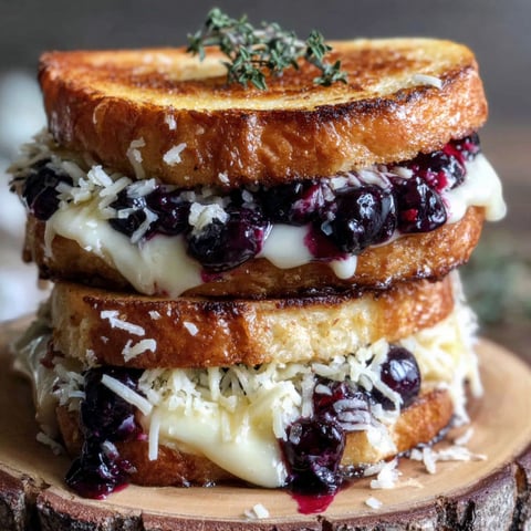 A stack of grilled cheese sandwiches with blueberries on top.