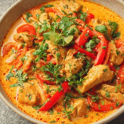 A bowl of chicken in a red sauce.