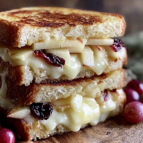 A stack of grilled cheese sandwiches with apples and cranberries.