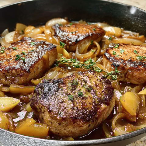 A pan of juicy apple butter pork chops.