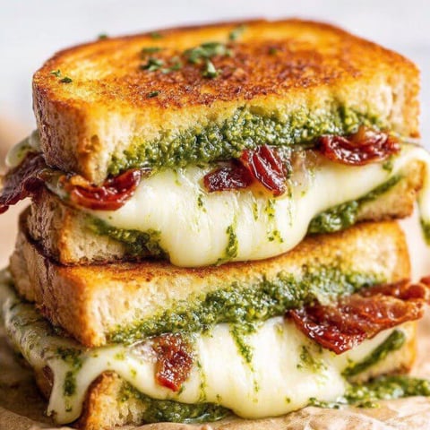 A stack of grilled cheese sandwiches with pesto.