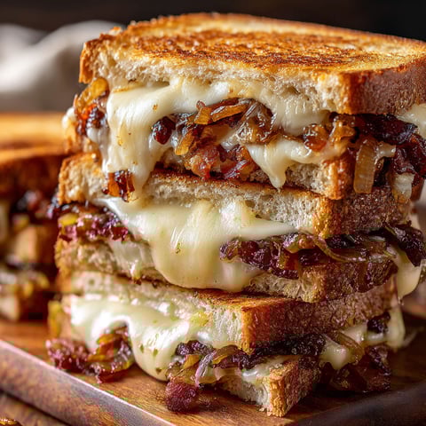 A stack of grilled cheese sandwiches with bacon and carmelized onions.
