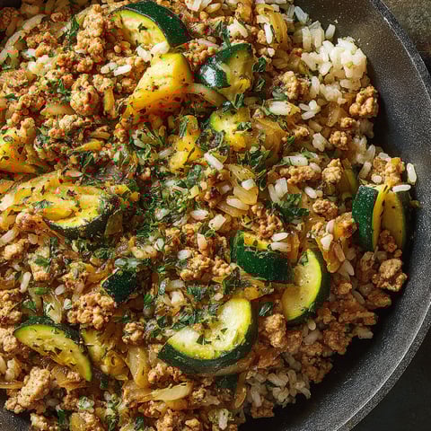 A skillet with ground chicken, zucchini, and rice.