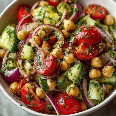 A bowl of chickpea, cucumber, and tomato salad with a lemon parsley vinaigrette.