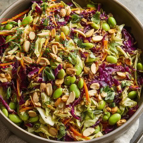 A bowl of crunchy cabbage and edamame salad with sesame ginger dressing.