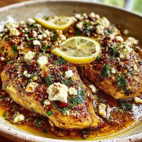A bowl of chicken with feta cheese and lemon slices.