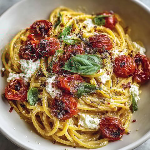 A bowl of pasta with tomatoes and garlic.