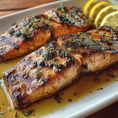 Grilled salmon with lemon wedges on a plate.