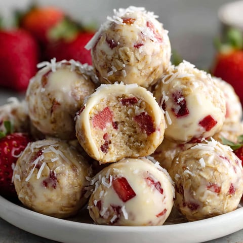 A plate of protein balls with strawberries on top.
