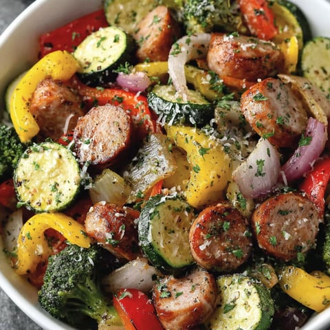 A bowl of food with sausage, broccoli, and peppers.