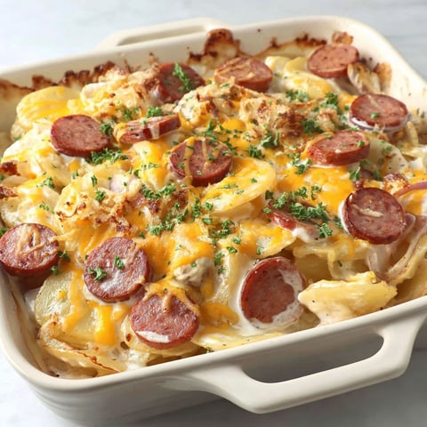 A dish of sausage and potatoes.