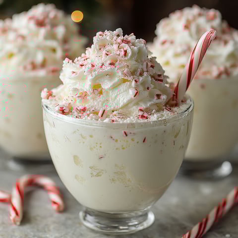 A glass of white cream with red stripes and a candy cane.