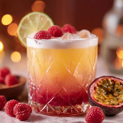 A glass of a Raspberry Passionfruit Tequila Sour.