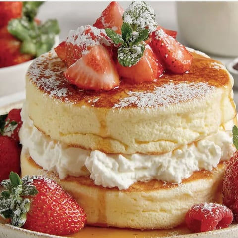 A stack of fluffy Japanese souffle pancakes with strawberries on top.