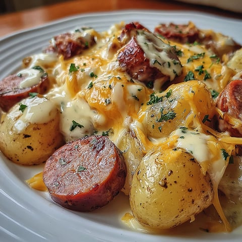 A plate of cheesy ranch potatoes and smoked sausage.