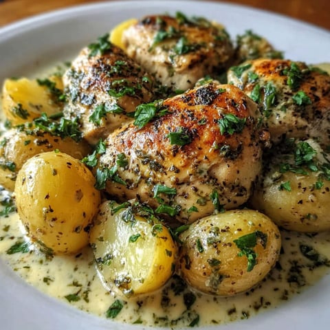 A plate of chicken with potatoes and herbs.