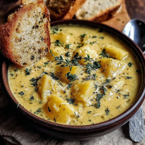 A bowl of soup with a slice of bread on top.