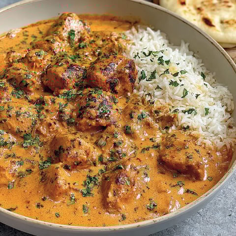 A bowl of butter chicken with rice.